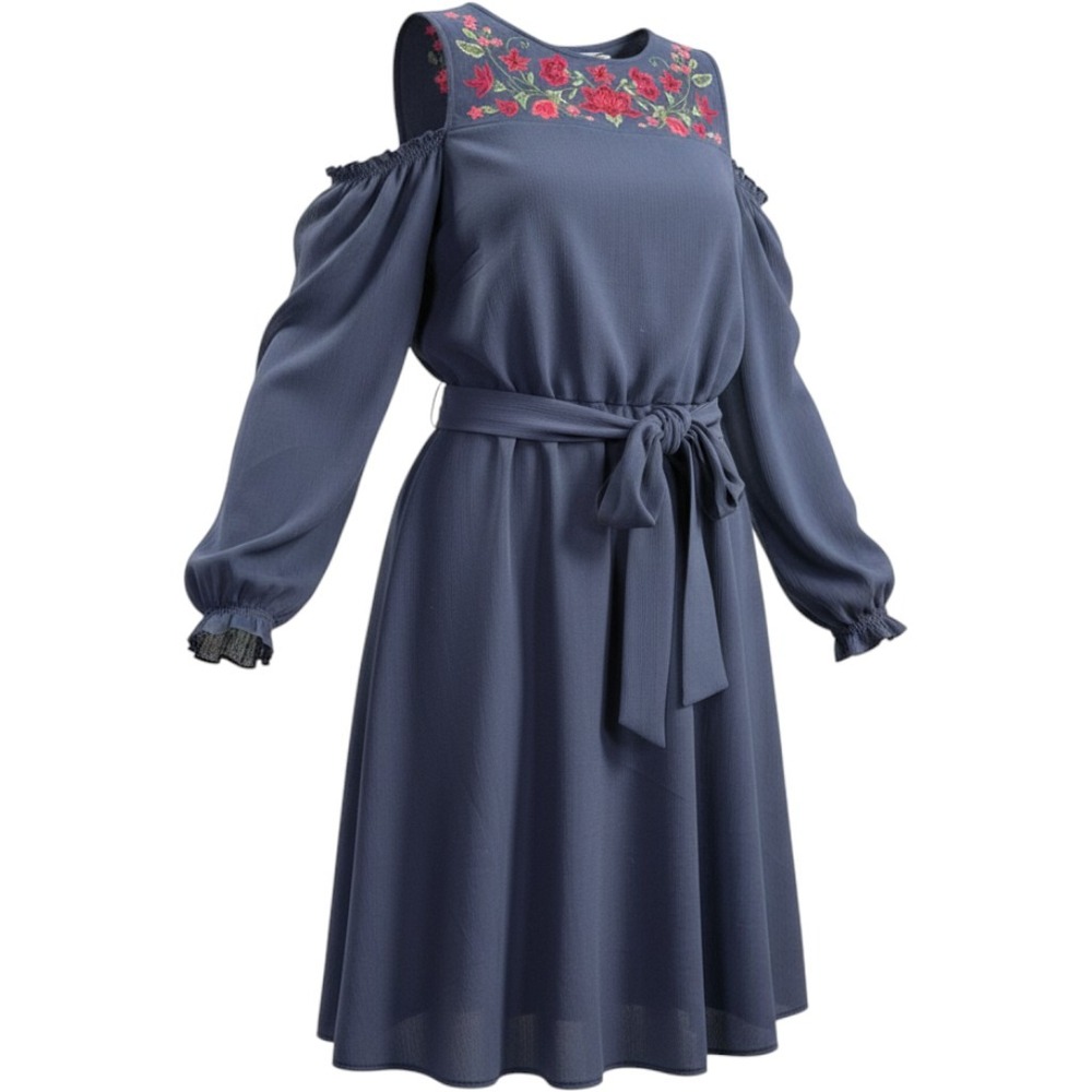 Tu Cold Shoulder Dress Womens 8 Navy Blue Excellent Floral Embroidered Boho